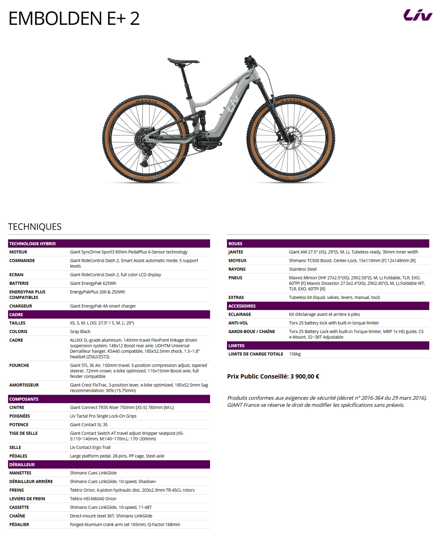 Fiche technique du velo Embolden E+ 2 année 2026